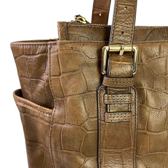 Perlina Womens Brown Croc Embossed Leather Double Handle Shoulder Bag Purse - Picture 3 of 16